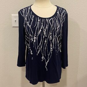 Chico's Midnight Blue Top with White Sequins Large